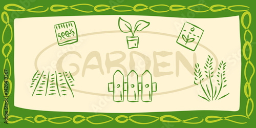 garden agriculture illustration sketch minimalist country eco natural growing plant icon line set