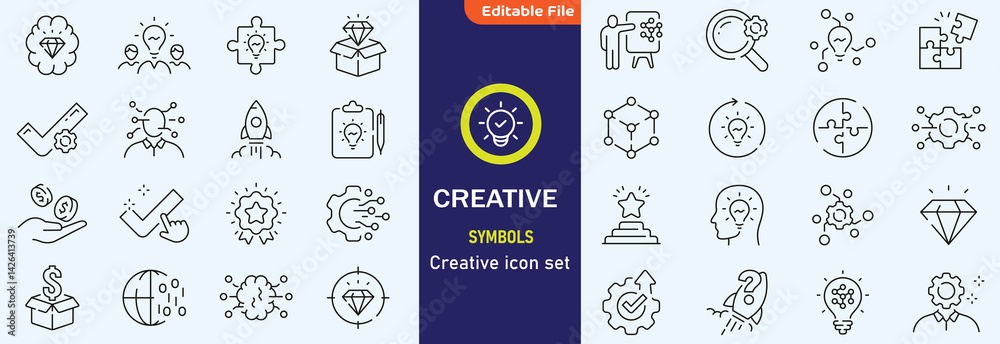 Creativity icon set. Containing inspiration, imagination, design, idea, creative, improvisation, sketching, brainstorming and more. Solid vector icons collection.