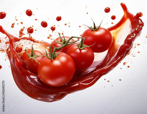 abstract ketchup sauce tomatoes splash in the air liquid flow transparend white background photo