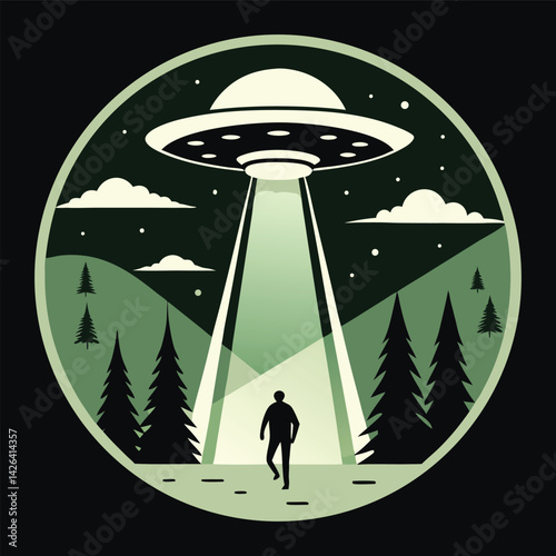 Silhouette of Person Walking Towards UFO in Forest at Night
