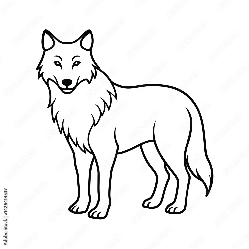 Obraz premium Elegant standing wolf black and white outline illustration for coloring books and graphics design