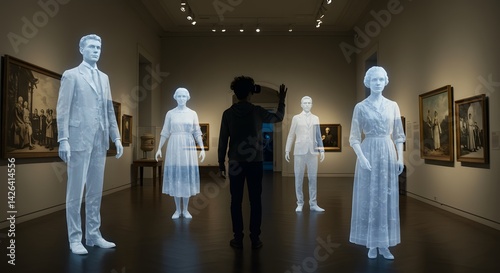 Virtual reality art museum experience with vr headset user