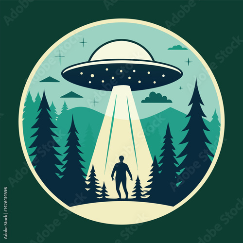 Retro UFO Abduction Scene in a Forest at Night