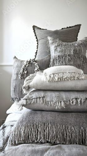 Obraz na płótnie Stacked grey and off-white throw pillows on bed, bedroom interior, cozy home decor, website or catalog use w salonie