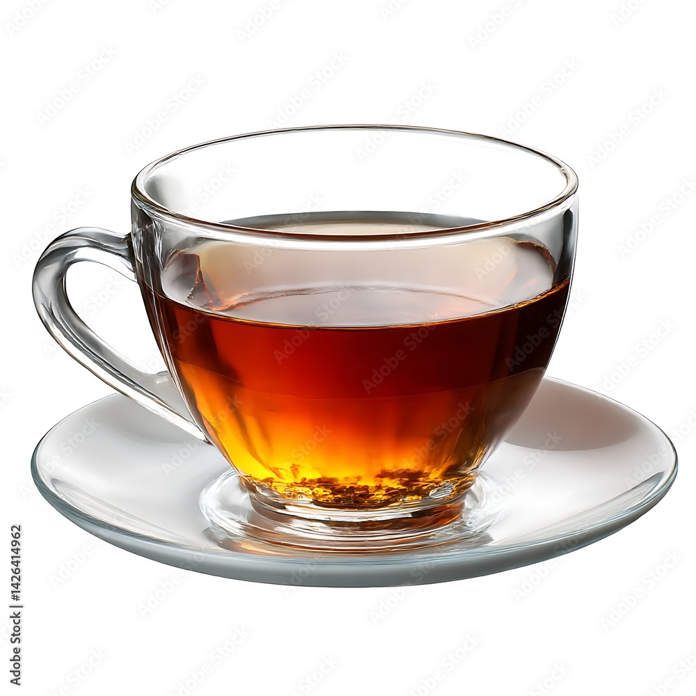 A clear glass cup filled with black tea sits on a white saucer, isolated against a clean white background A clear glass cup filled with black tea sits on a white saucer, isolated against a clean white background