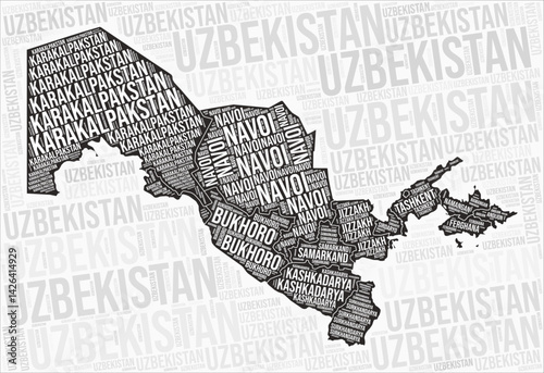 Uzbekistan regions map word cloud. Uzbekistan region names. Black and white map design. Stylish vector illustration.