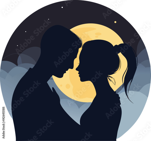 Silhouette Couple Embracing Underneath the Night Sky and Moon