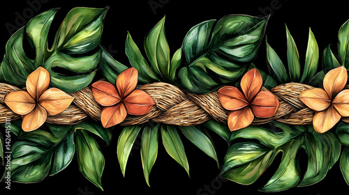 Obraz na płótnie Tropical floral rope border; lush leaves, orange flowers; dark background; fabric, website design w salonie