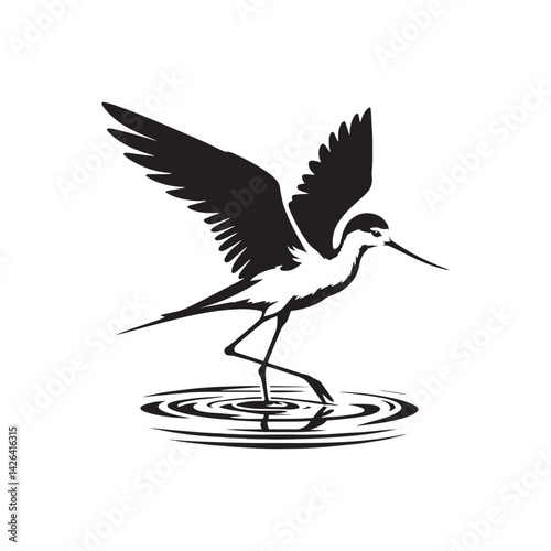 Black-winged stilt Silhouette - Black-winged stilt Vector - Illustration of Black-winged stilt - Black and White Black-winged stilt Design.