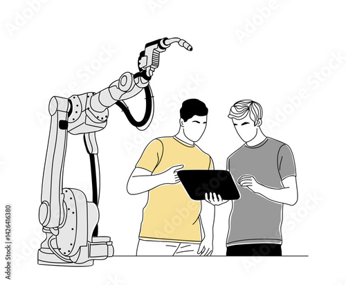 Two young men engineers working with robotic arm. Business men checking industrial robot in high tech company. Outline sketch drawing colored vector illustration isolated on transparent background.