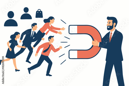 Business Attraction Marketing Concept Vector Illustration with Businessman Using Magnet to Attract Customers, Clients and Talent for Company Growth and Recruitment Strategy