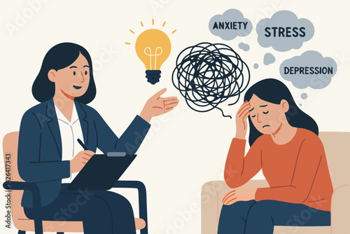 Mental Health Therapy Session Vector Illustration with Female Psychologist Offering Solutions to Depressed Woman Suffering from Anxiety, Stress, and Tangled Thoughts in Professional Consultation