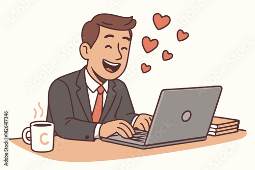 Cheerful Businessman Working on Laptop with Coffee Cup, Online Dating and Romance Concept, Vector Illustration of Happy Professional Man Messaging with Hearts, Digital Love Communication