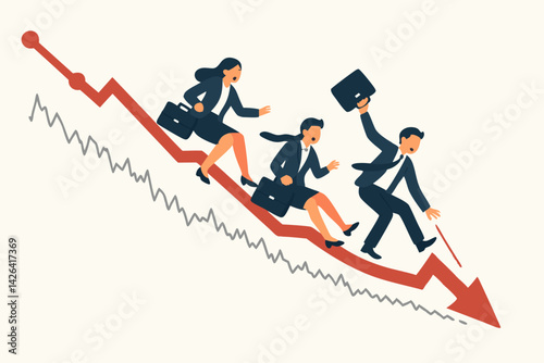 Market Crash Vector Illustration with Panicked Business People Sliding Down Declining Red Arrow Graph, Financial Crisis Concept, Stock Market Downturn with Worried Investors, Economic Recession