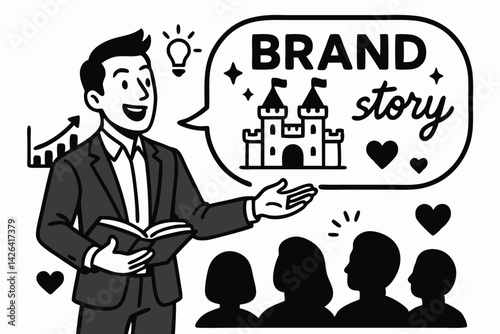 Captivating Brand Storytelling: Charismatic Businessman Presenting Magical Castle Concept to Engaged Audience, Vector Illustration for Marketing and Business Presentations