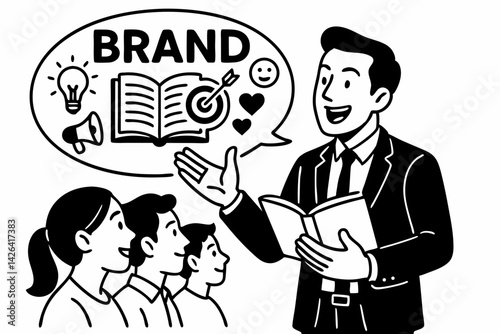 Entrepreneurial Brand Storytelling: Business Leader Inspiring Team with Creative Marketing Concepts, Vector Illustration for Corporate Training and Motivation