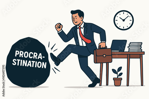 Businessman Overcoming Procrastination Obstacle, Professional Kicking Away Delay Barrier in Modern Office Workspace with Briefcase and Laptop, Productivity Concept Vector Illustration