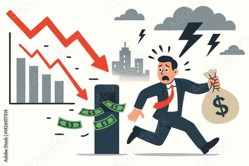 Financial Crisis Vector Illustration with Stressed Businessman Running with Money Bag During Market Crash, Declining Graph, Dollar Bills and Thunderstorm, Economic Recession Concept