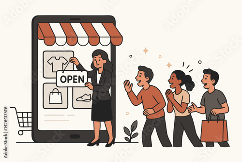 Online Store Grand Opening Vector Illustration with Female Entrepreneur Hanging Open Sign on Mobile Shop and Excited Diverse Customers, E-Commerce Business Launch Concept in Modern Flat Style