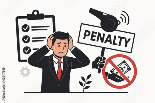 Business Compliance Violation Concept Vector Illustration with Stressed Businessman, Penalty Warning, Financial Fine Symbol and Checklist for Corporate Ethics and Regulatory Requirements