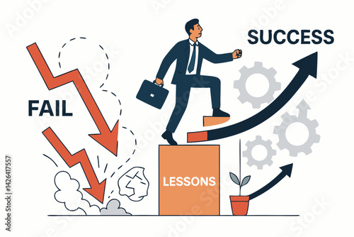 From Failure to Fortune: Businessman Climbing Success Ladder Through Lessons Learned, Overcoming Setbacks and Achieving Growth in Corporate World