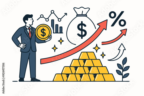 Financial Success Vector Illustration with Businessman Holding Gold Coin, Investment Growth Chart, Money Bag, Gold Bars and Percentage Symbol for Wealth Management and Profit Strategy
