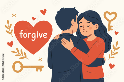 Forgiveness in Relationships Vector Illustration with Embracing Couple, Red Heart Symbol and Golden Keys, Emotional Healing Concept for Therapy, Counseling and Personal Growth Resources