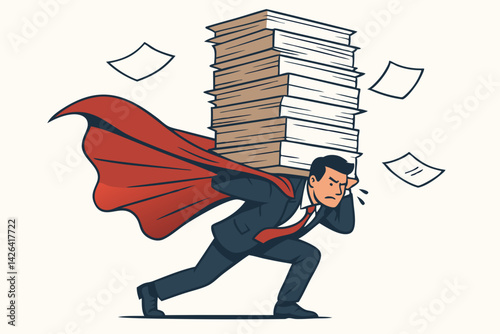 Business Superhero Carrying Heavy Workload Stack of Documents, Stressed Office Worker with Red Cape Struggling with Paperwork, Corporate Burnout Concept Vector Illustration