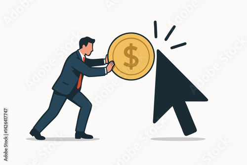 Business Professional Pushing Golden Dollar Coin Towards Cursor Arrow Icon, Pay-Per-Click Digital Marketing Strategy Illustration for Online Advertising and Internet Revenue Generation