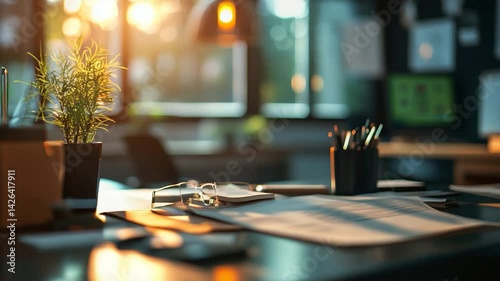 Wallpaper Mural Cozy office workspace with sunlight streaming through windows, showcasing plants and stationery Torontodigital.ca