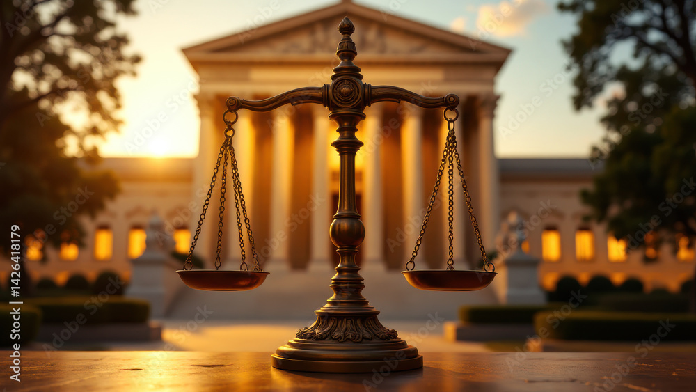 symbolic representation of justice with scale in front of grand courthouse at sunset, evoking sense of fairness and law symbolic representation of justice with scale in front of grand courthouse at sunset, evoking sense of fairness and law