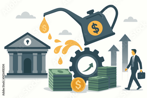 Financial Growth and Investment Concept Vector: Banking System with Money Watering Can, Dollar Bills, Bank Building, Businessman, Upward Arrows and Gear Mechanism Symbolizing Economic Progress