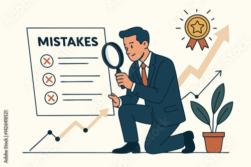 Business Growth Through Error Analysis Vector Illustration: Professional Businessman Examining Mistakes List with Magnifying Glass, Achievement Award and Upward Trending Graph in Modern Flat Style