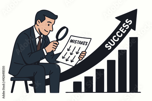 Business Growth Through Failure Analysis Vector Illustration: Professional Businessman Examining Mistakes Document with Magnifying Glass While Success Graph Rises, Corporate Learning Concept