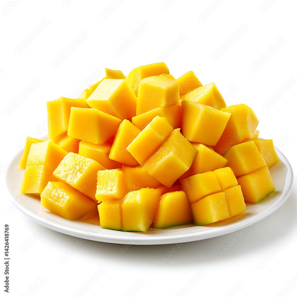 A pile of fresh, ripe mango chunks on a white plate, isolated on a white background A pile of fresh, ripe mango chunks on a white plate, isolated on a white background