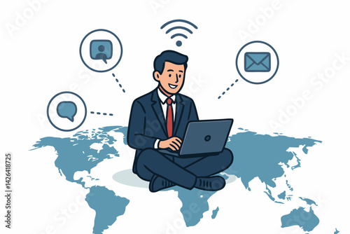 Global Digital Nomad Businessman Working Remotely with Laptop on World Map, Connected Communication Icons for Virtual Office, Remote Work, and Online Business Networking