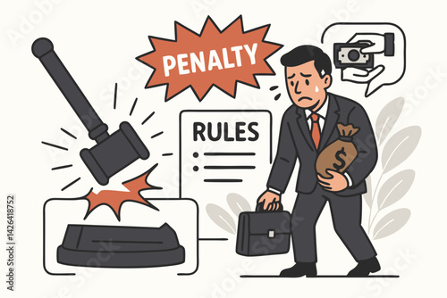 Business Corruption Penalty Concept Vector Illustration with Worried Businessman Holding Money Bag, Judge Gavel, Legal Rules and Financial Bribery Symbolism for Corporate Ethics Design