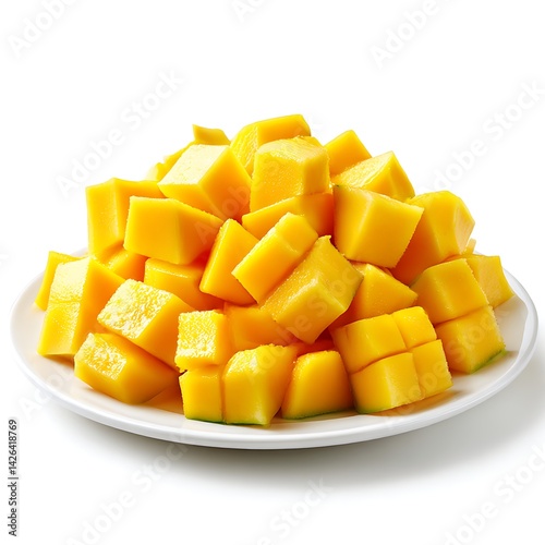 A pile of fresh, ripe mango chunks on a white plate, isolated on a white background
