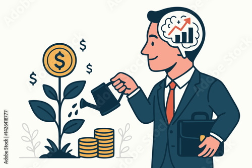 Financial Growth Investment Concept Vector Illustration with Businessman Watering Money Plant, Dollar Coin Tree, Growth Chart, Financial Planning, Wealth Management for Business Success Strategy