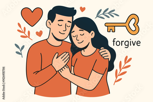 Forgiveness in Relationships: Couple Embracing with Love and Compassion, Vector Illustration for Emotional Healing, Reconciliation, and Personal Growth