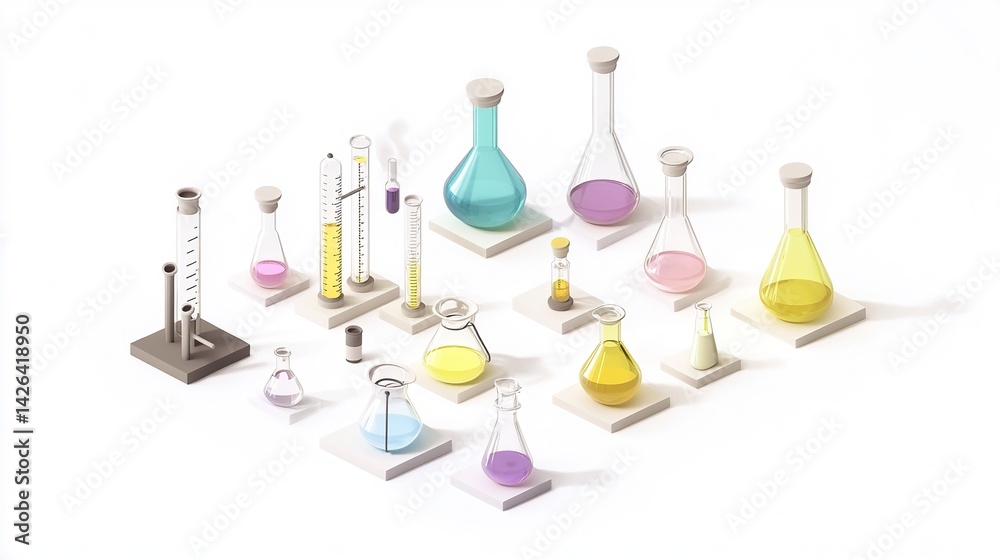 Minimalist isometric 3d vector chemical laboratory icon set of pastel flasks, burners and scientific equipment with geometric shadows on solid white background. Minimalist isometric 3d vector chemical laboratory icon set of pastel flasks, burners and scientific equipment with geometric shadows on solid white background.