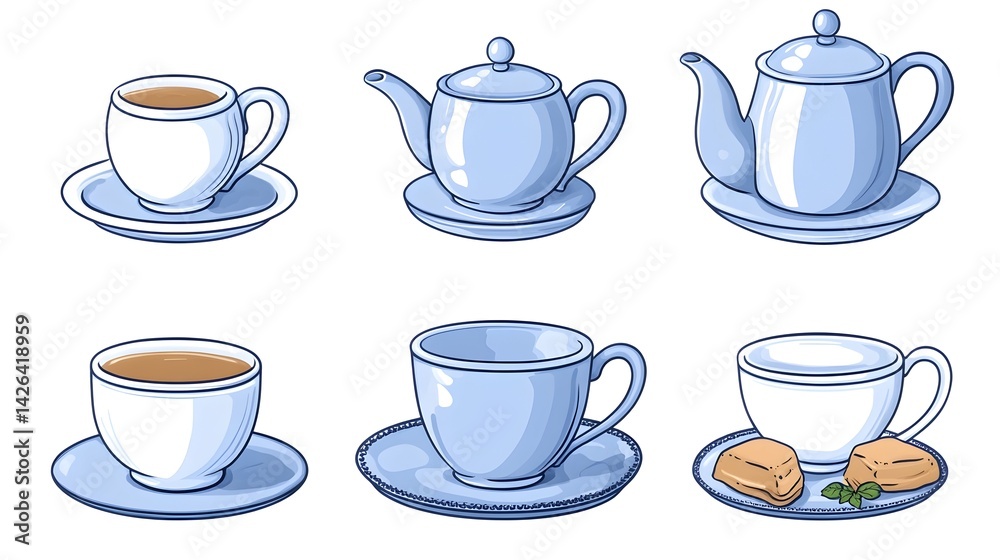 Illustration of teacups and teapots; blue and white porcelain