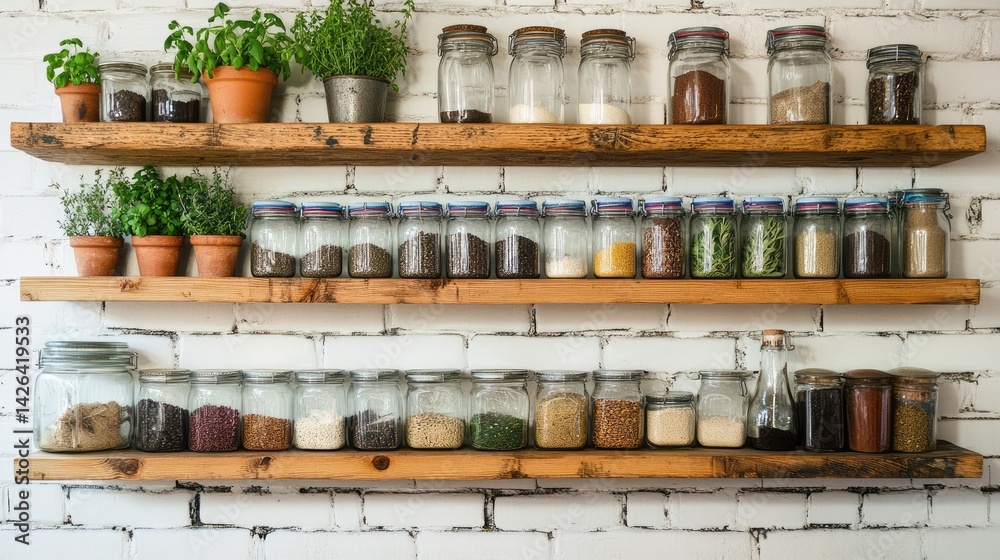 Fototapeta premium Rustic kitchen shelves made of reclaimed wood holding herbs and spices