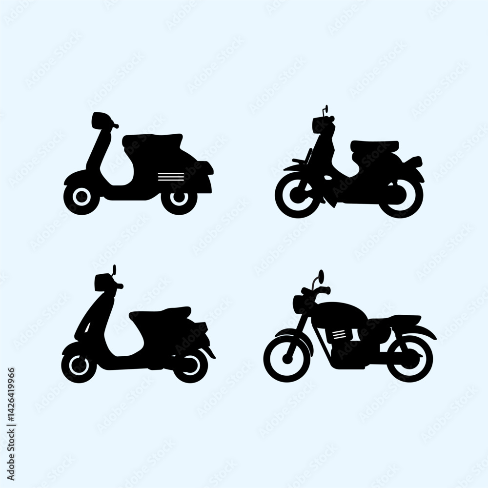 Fototapeta premium Collection of Vintage and Modern Motorcycle and Scooter Silhouettes on Light Background