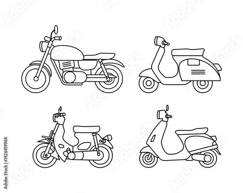 Set of Illustrated Motorcycle and Scooter Outline Drawings, Simple Line Art
