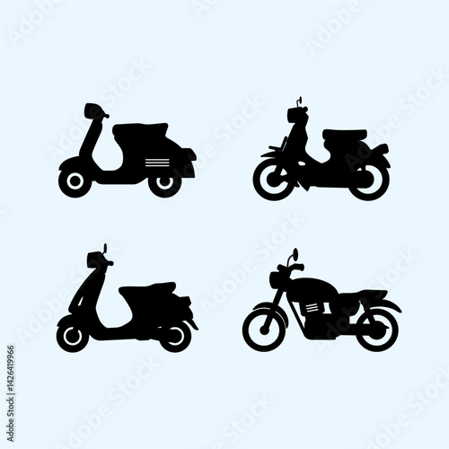 Collection of Vintage and Modern Motorcycle and Scooter Silhouettes on Light Background