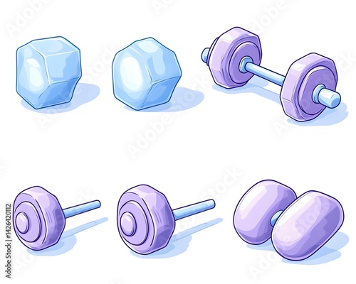 Cartoon dumbbells and ice cubes, various angles