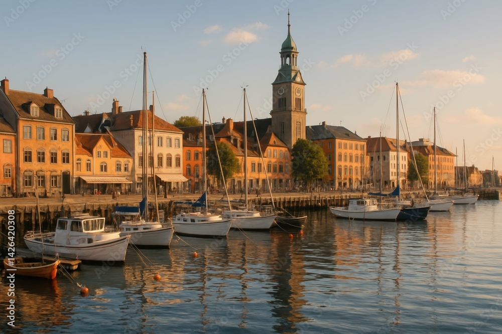 Obraz premium Serene Harbor Scene with Boats and Historic Buildings at Sunset
