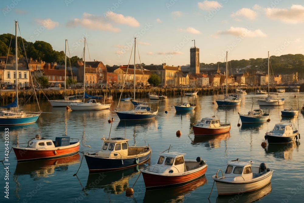 Fototapeta premium Serene Harbor Scene with Boats and Calm Waters at Sunset