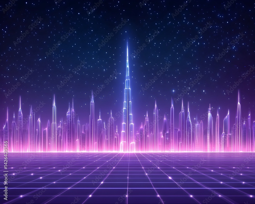 Futuristic city skyline at night, glowing neon lights, gridded ground
